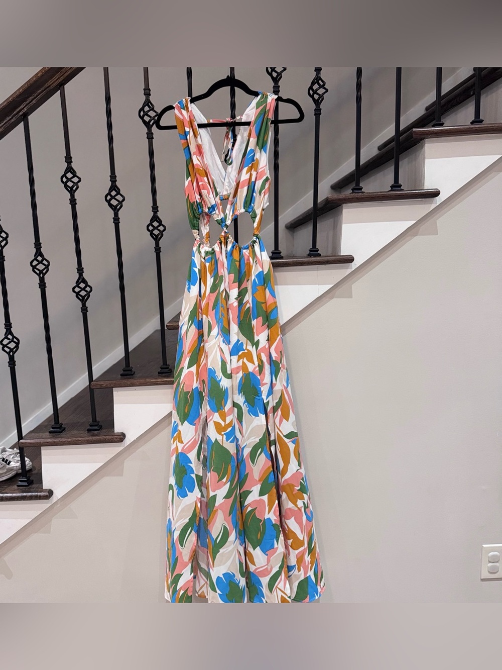 SHEIN Multicolor Leaf-Print Cutout Maxi Dress - White, Green, Blue, Pink, Orange
